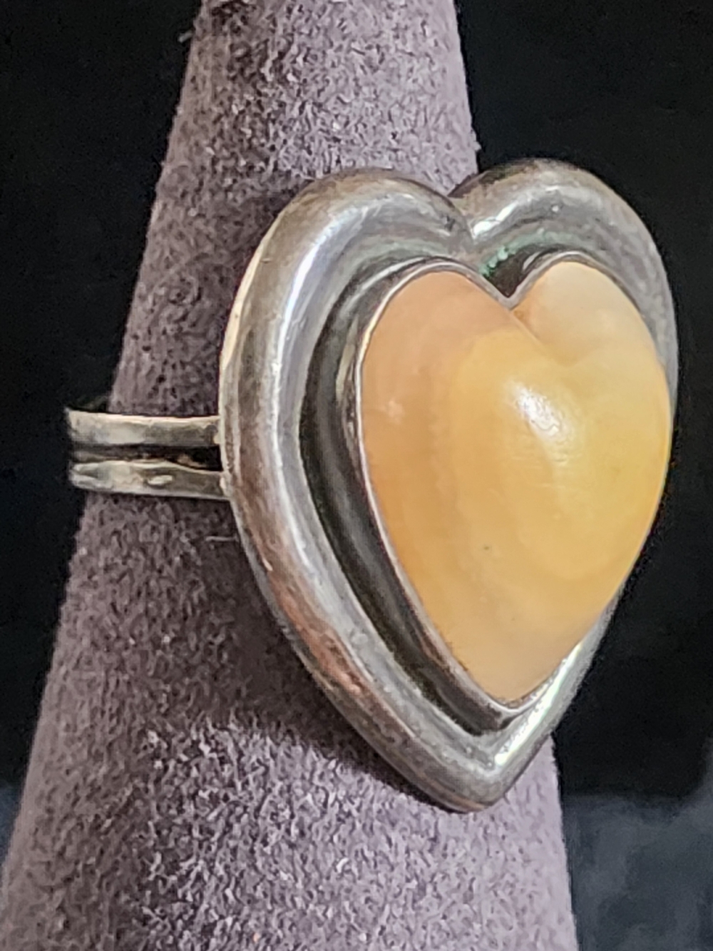 Vintage 1930s Mexican Sterling Silver Heart Ring Translucent Agate Chalcedony - Picture 3 of 5